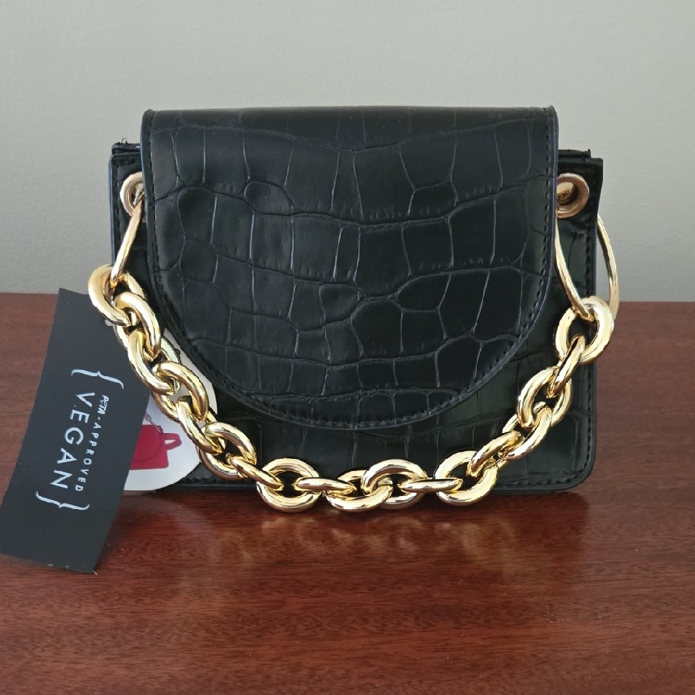 Black Croc-Embossed Vegan Mini Bag with Gold Chain